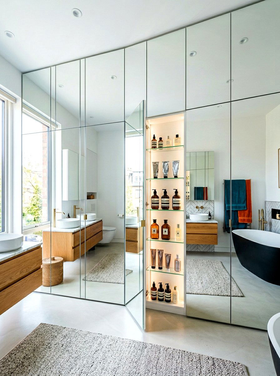 Mirrored Wall Storage - 30 built in bathroom storage ideas