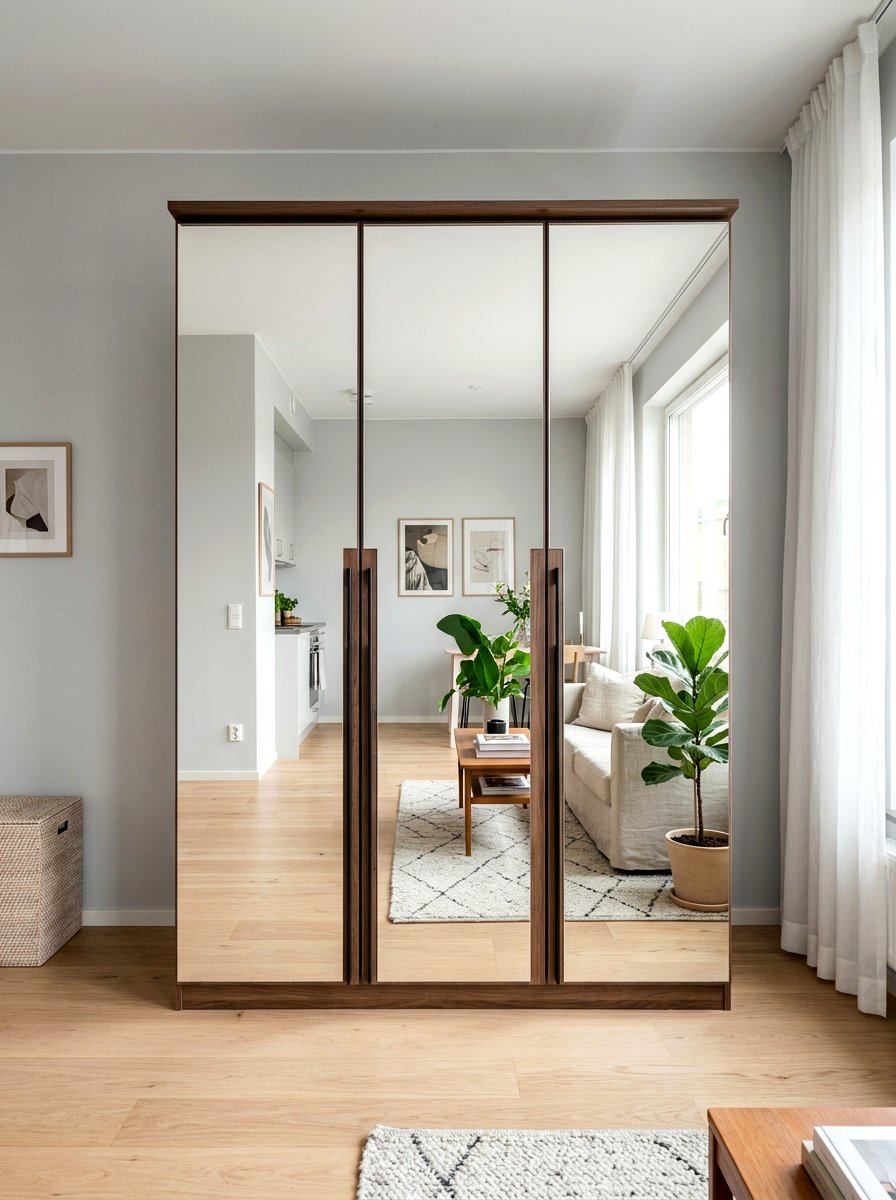 Mirrored Wardrobe Cabinet Storage - 30 studio apartment storage ideas