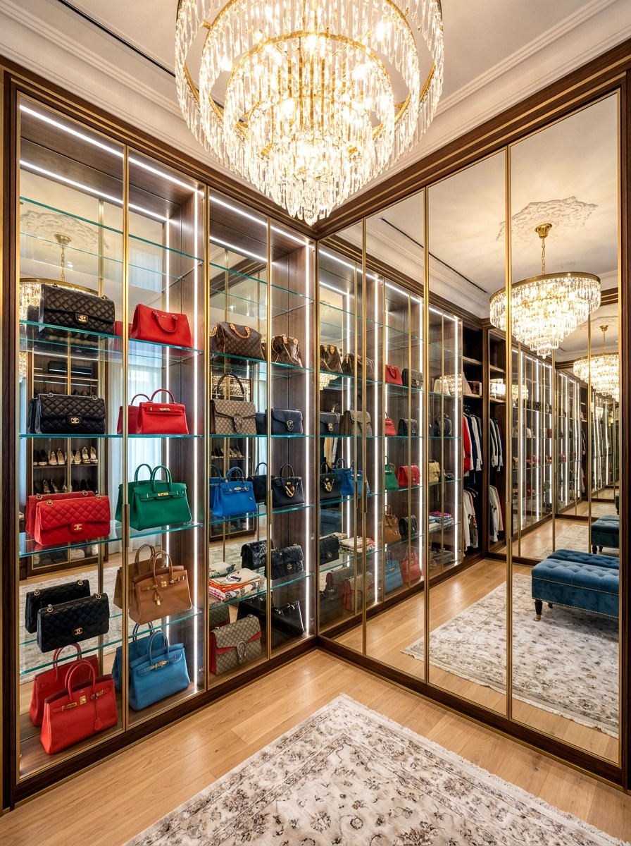 Mirrored back closet shelving - 30 purse display closet ideas