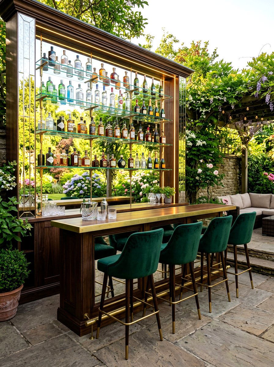Mirrored back patio bar - 30 drink station patio ideas