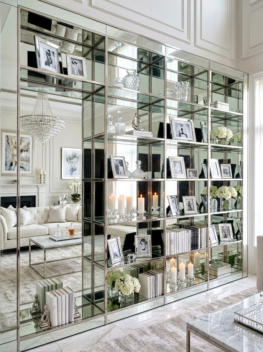 Mirrored bookshelf styling - 30 bookshelf styling living room ideas