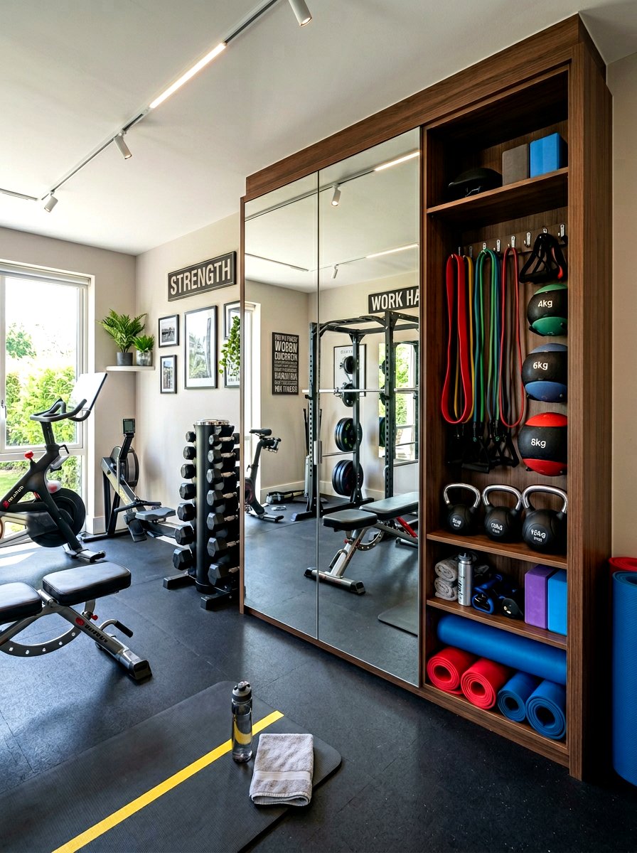 Mirrored cabinet gym storage - 30 workout room mirror ideas