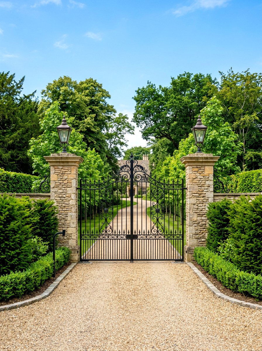 Mirrored driveway gate entrance - 30 symmetrical curb appeal ideas