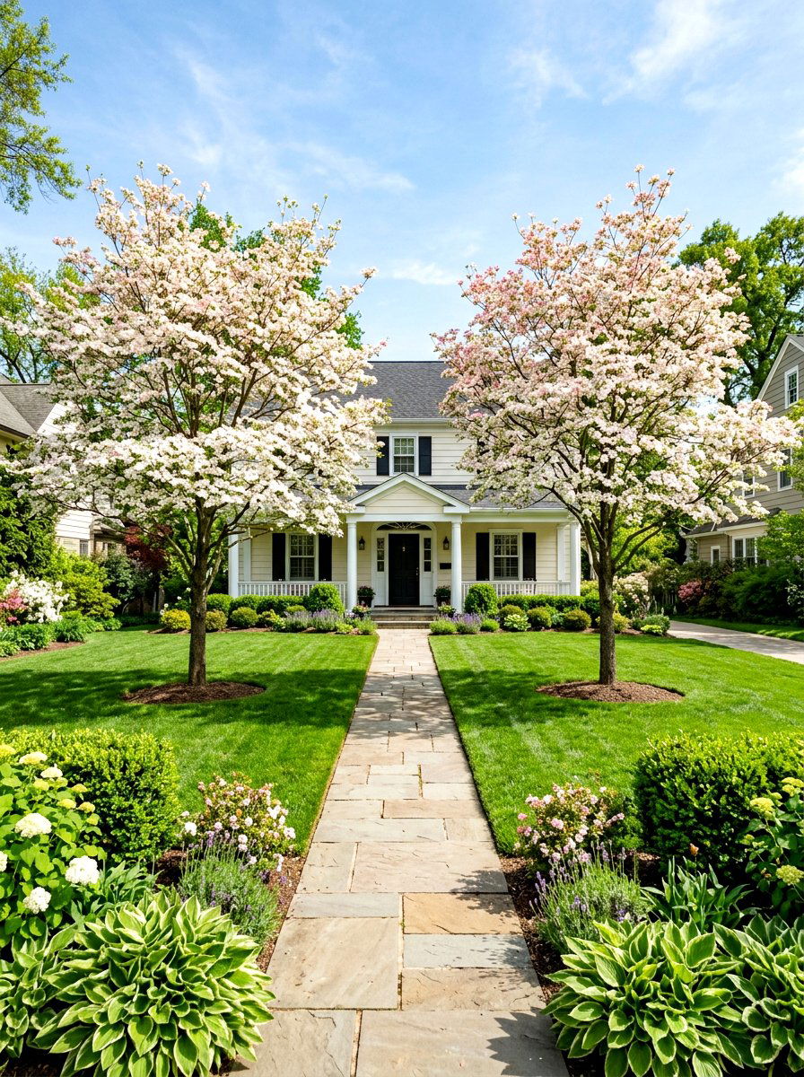Mirrored front lawn trees - 30 symmetrical curb appeal ideas