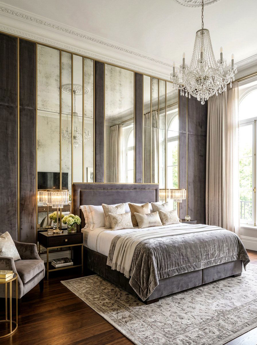 Mirrored headboard panel - 30 wall to wall headboard ideas