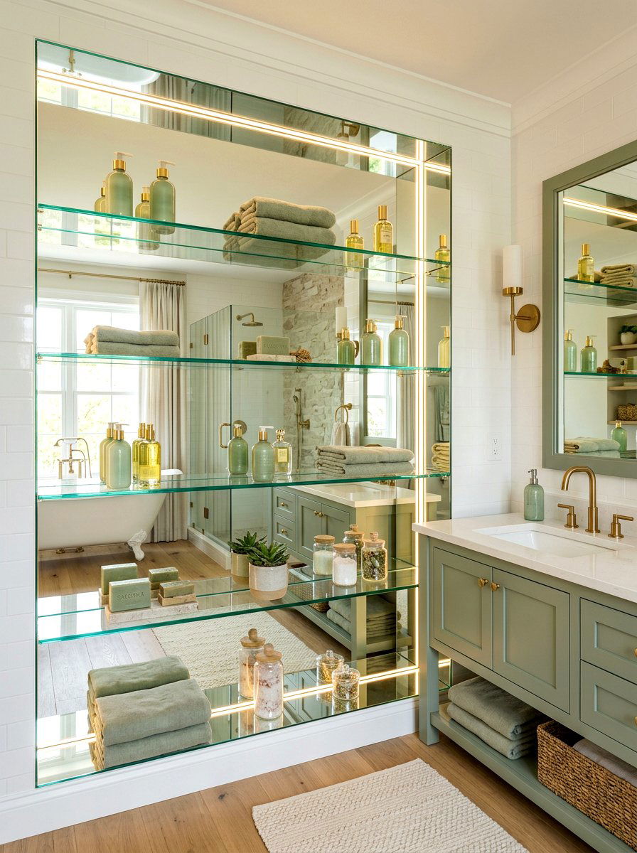 Mirrored shelf backing - 30 spa shelf styling bathroom ideas