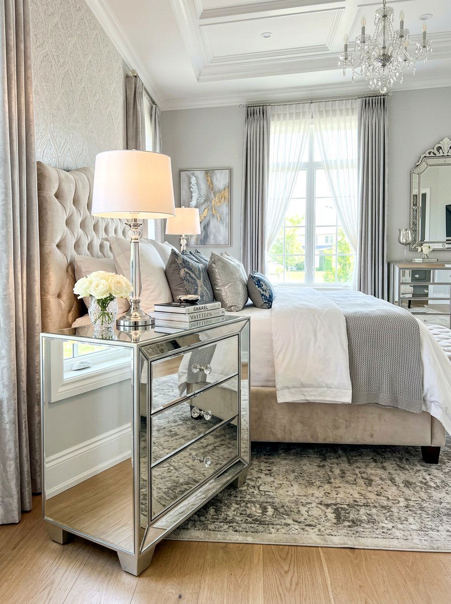 Mirrored surface nightstand - 30 guest room nightstand ideas