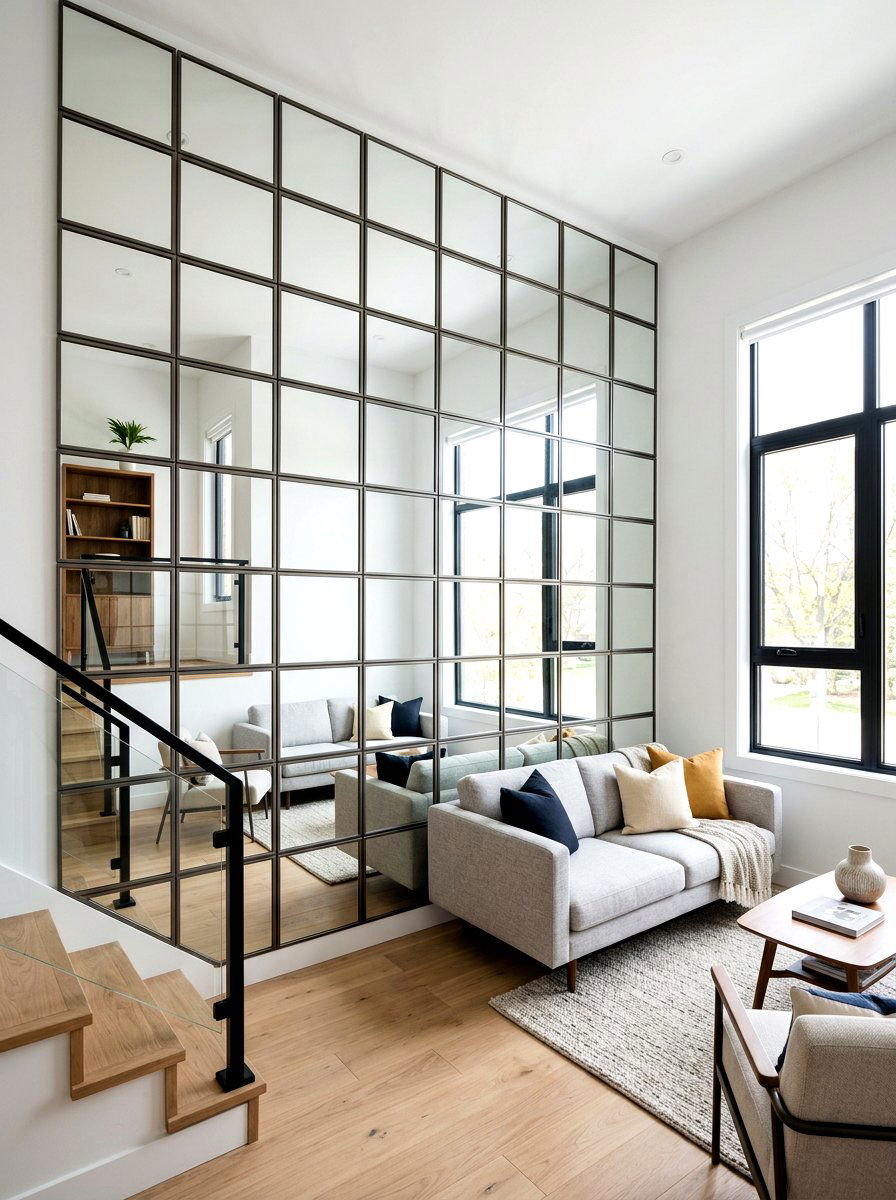 Mirrored walls in small split levels - 30 split level living room ideas