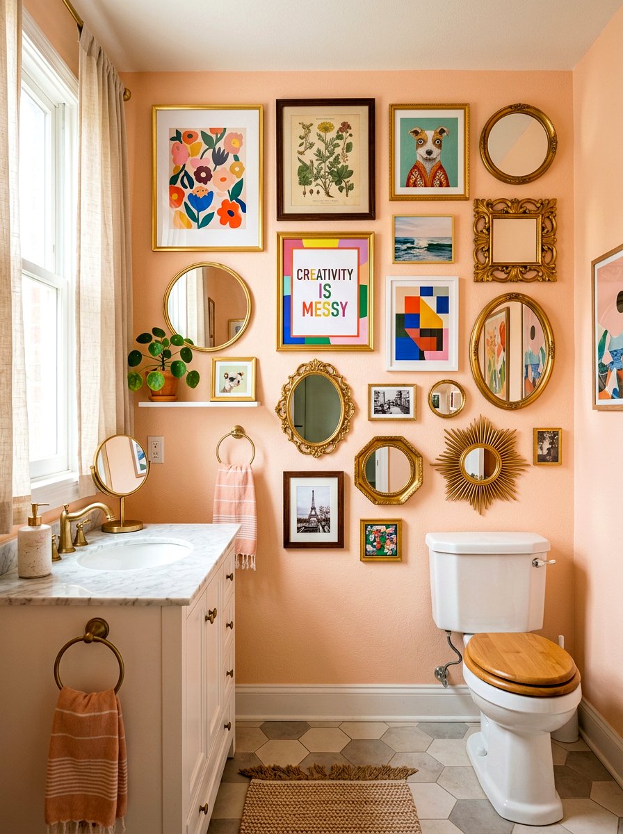 Mismatched Gallery Wall - 30 dopamine bathroom ideas