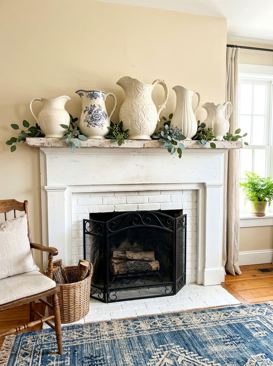 Mismatched Ironstone Pitcher - 30 vintage mantel styling ideas