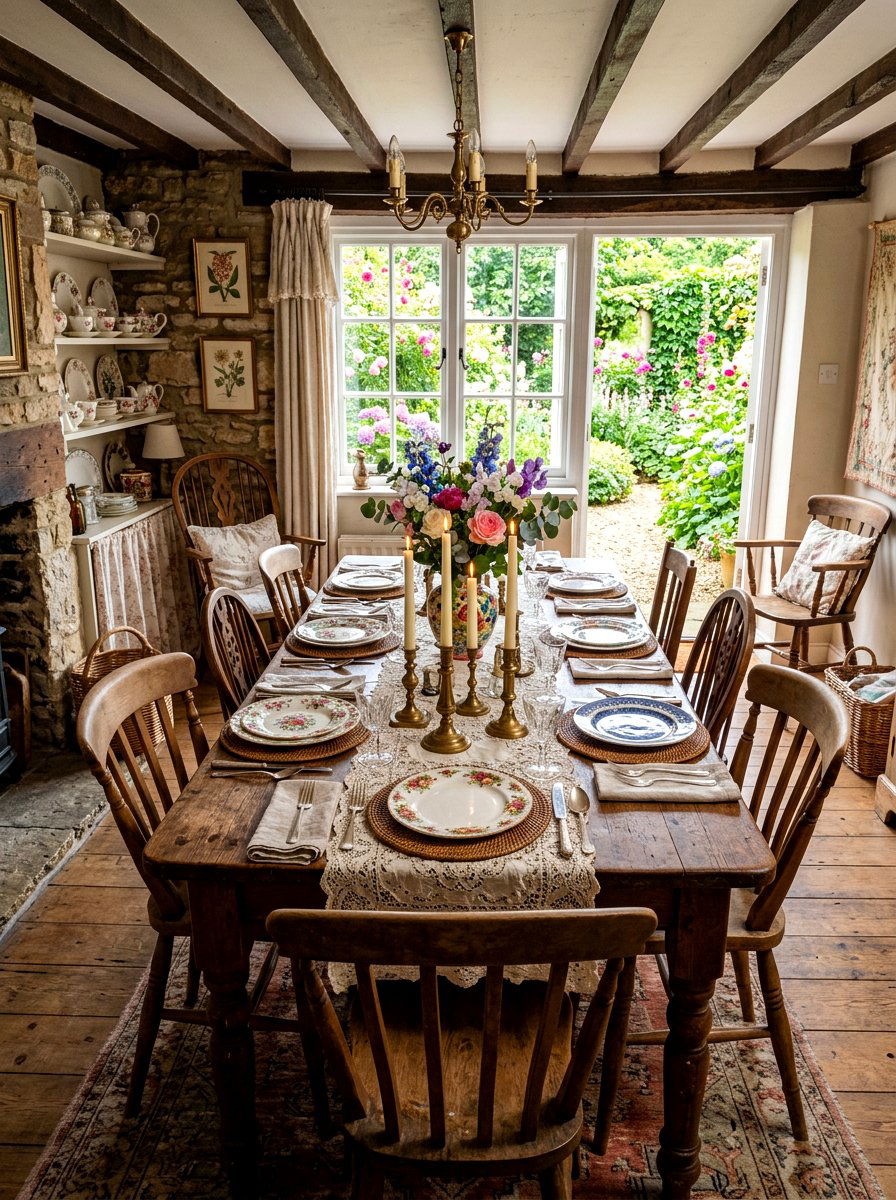 Mismatched Vintage Cottagecore Table - 30 layered tablescape dining ideas