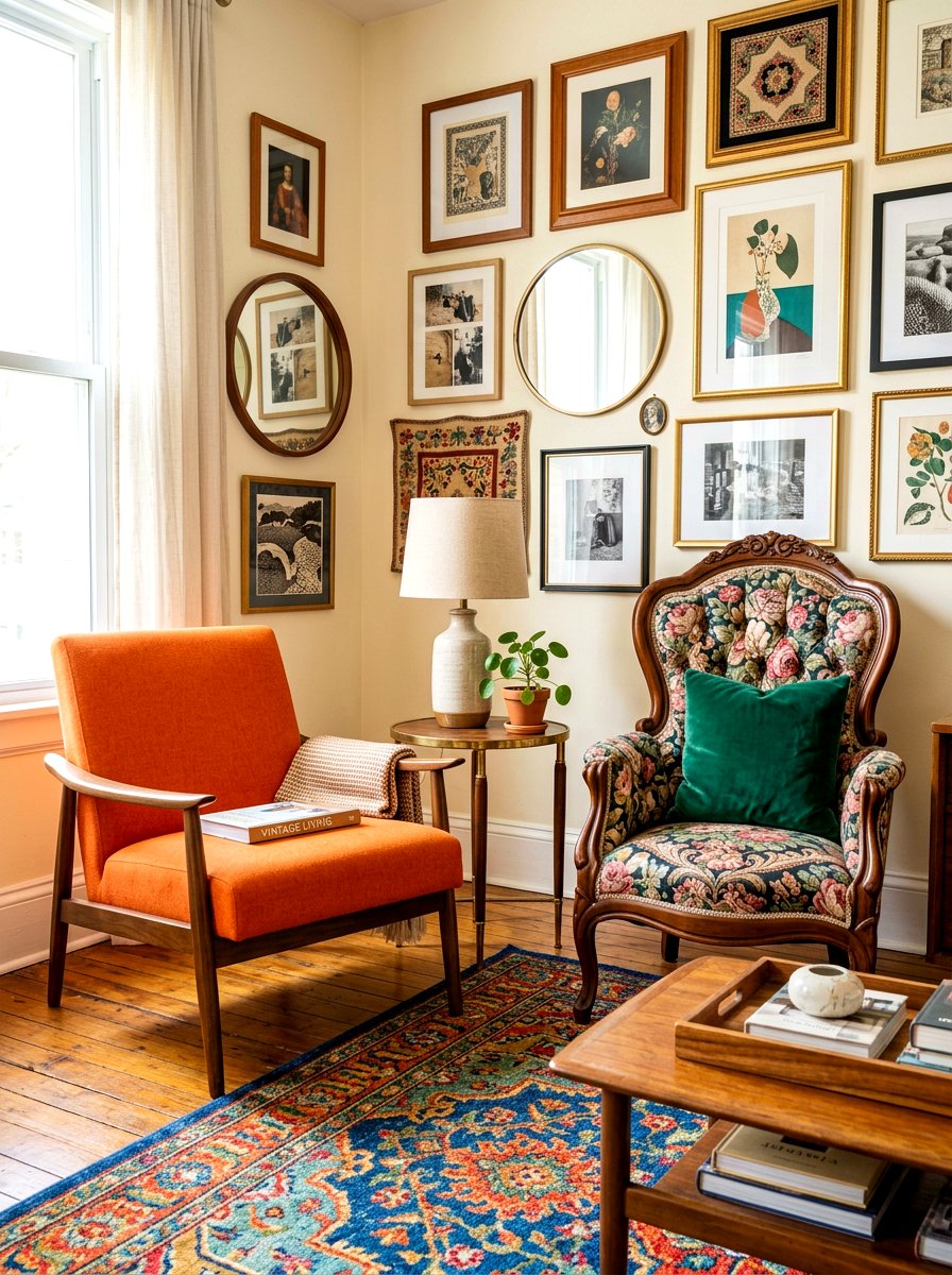 Mismatched Vintage Seating - 30 playful maximalist living room ideas