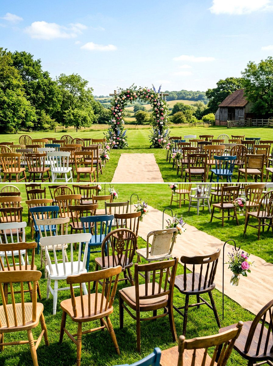 Mismatched Wood Chairs Ceremony - 30 backyard wedding decor ideas