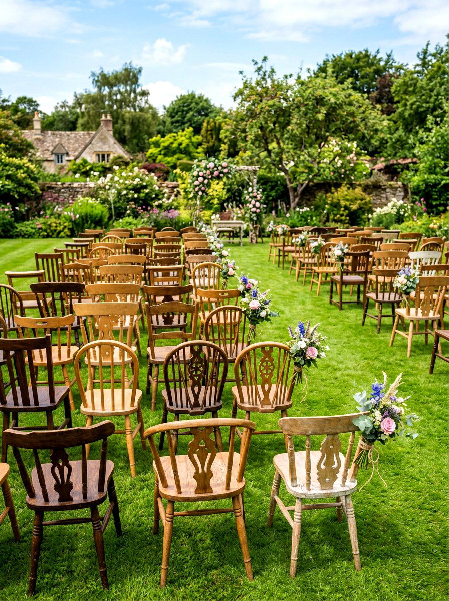 Mismatched Wooden Ceremony Chairs - 30 cottage garden wedding ideas