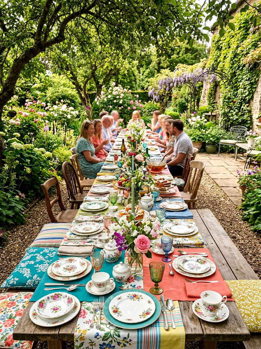 Mismatched china garden party - 30 summer patio tablescape ideas