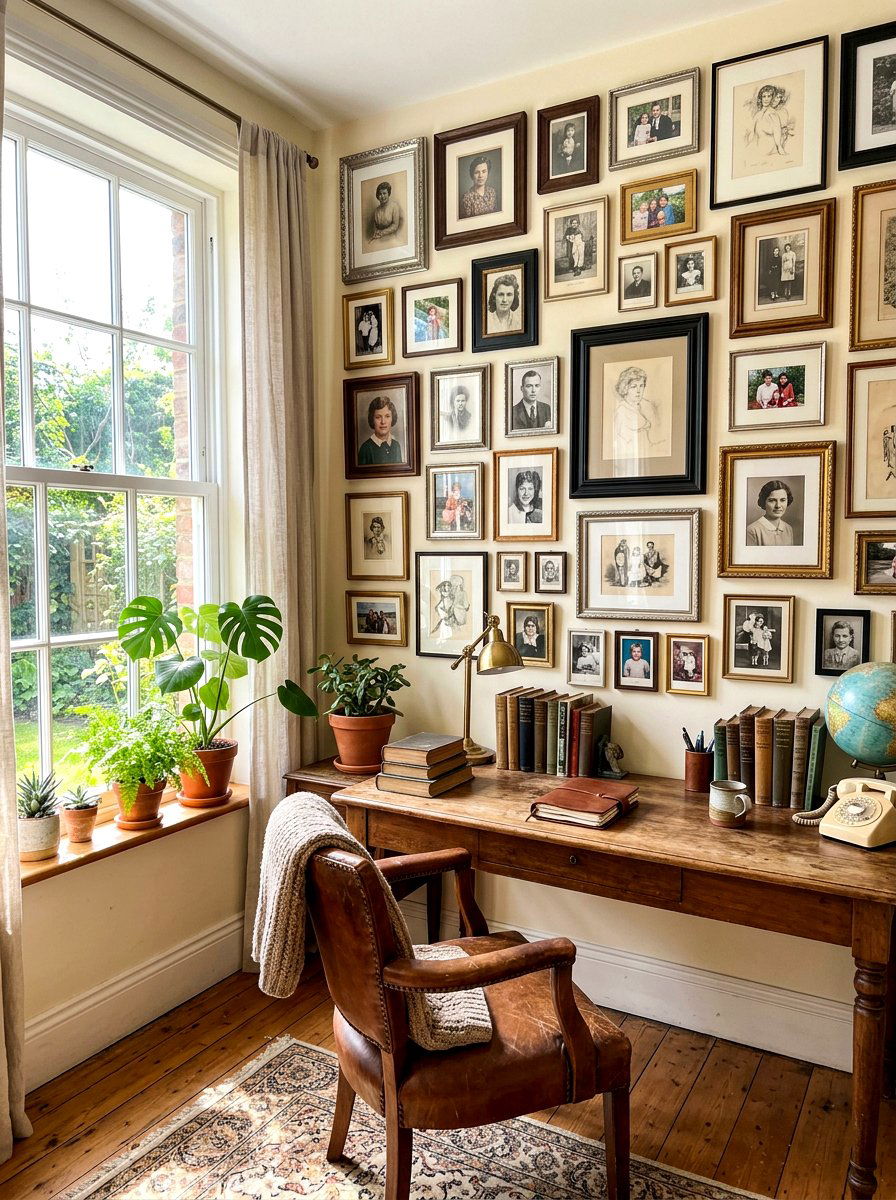 Mismatched frame portrait wall - 30 vintage portrait wall ideas