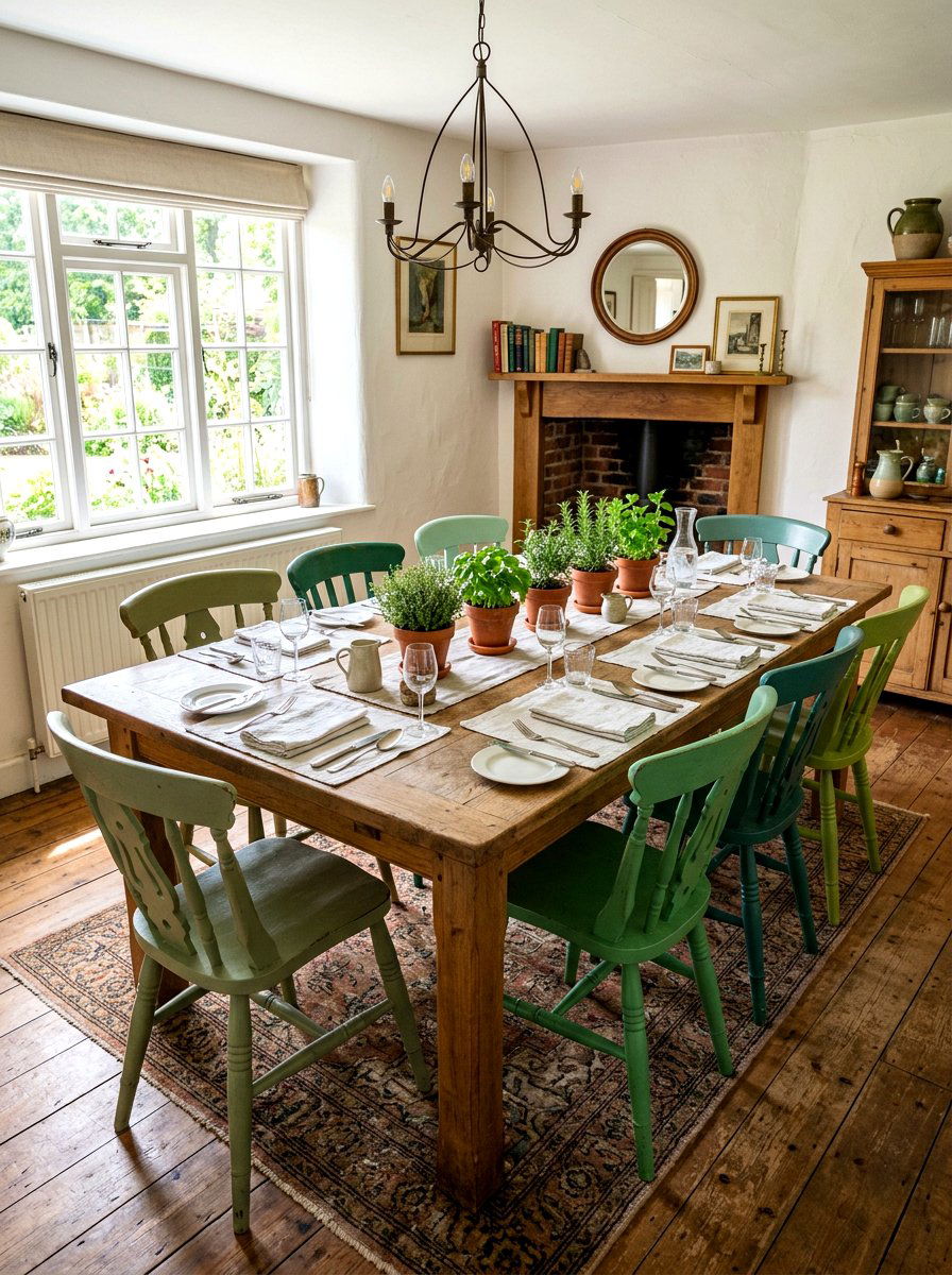 Mismatched vintage chairs in cottagecore style - 30 cabbagecore dining room ideas