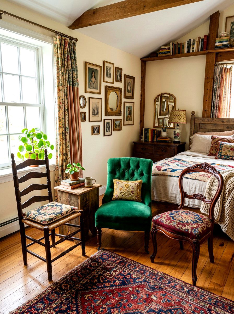 Mismatched vintage chairs - 30 grandma core bedroom ideas