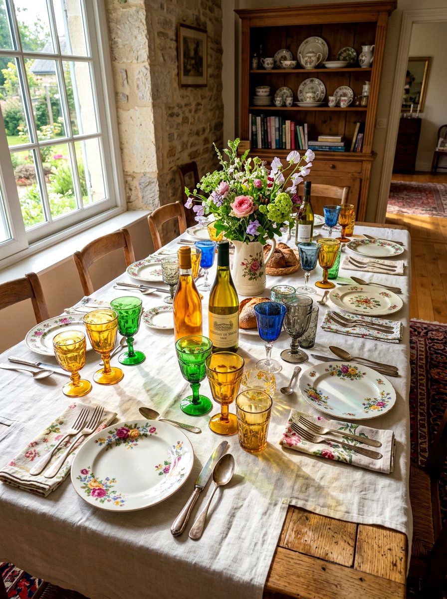 Mismatched vintage glassware table - 30 Thanksgiving brunch table ideas
