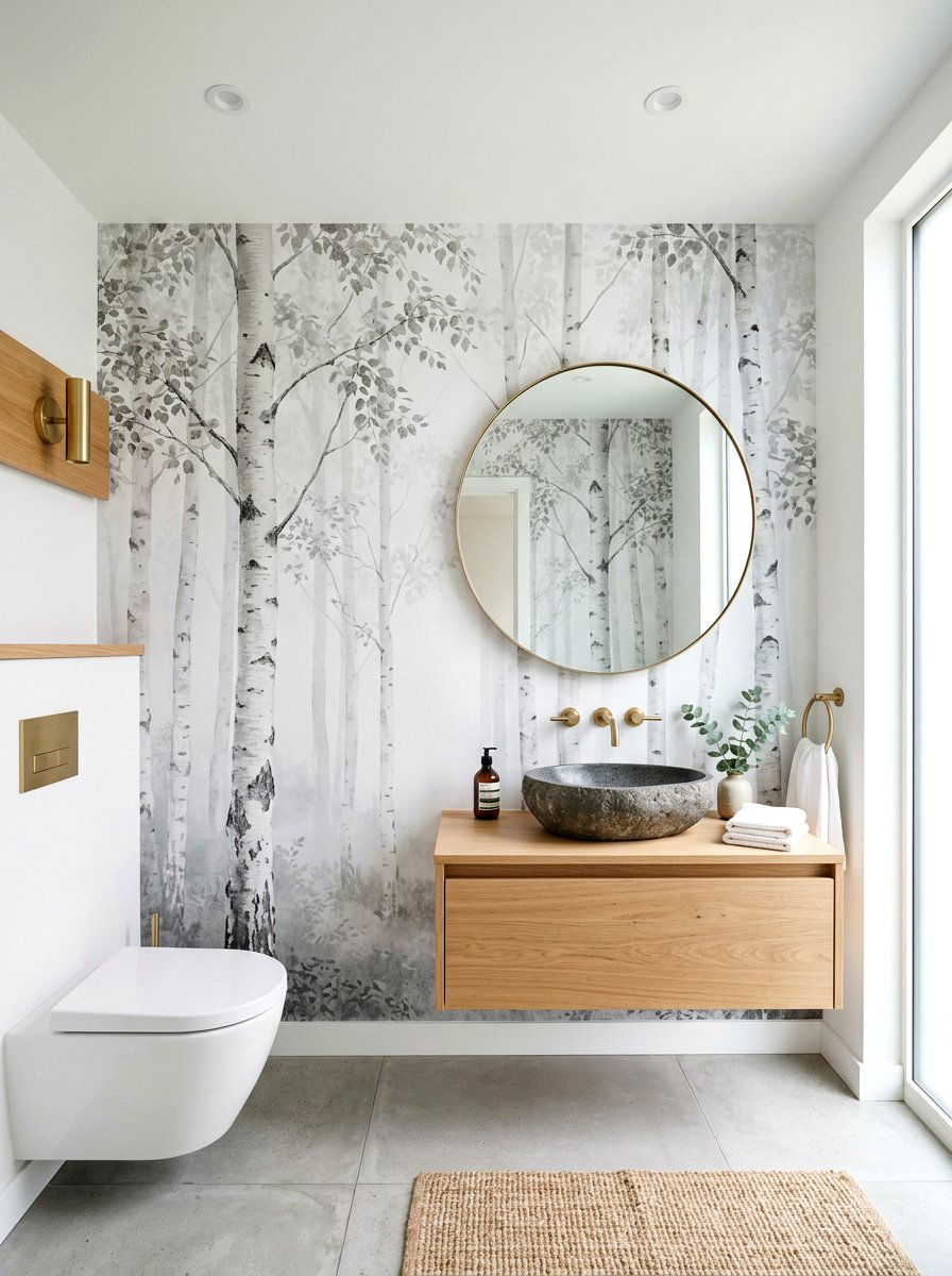 Mist Covered Birch Mural - 30 landscape mural powder room ideas