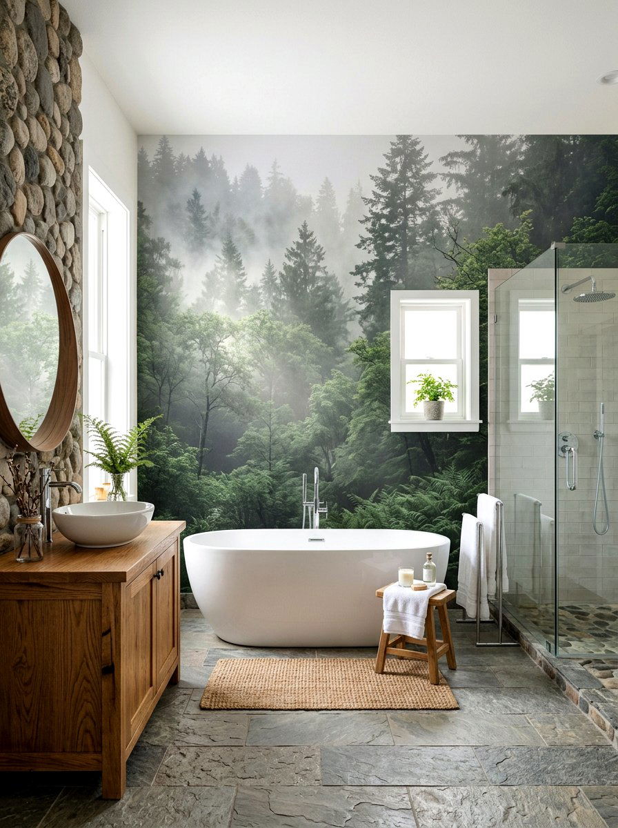 Mist and fog forest bathroom mural - 30 mural bathroom ideas