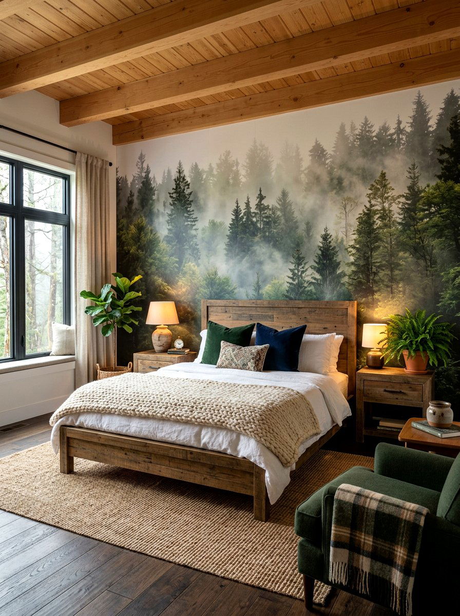 Misty forest wall mural - 30 landscape mural bedroom ideas