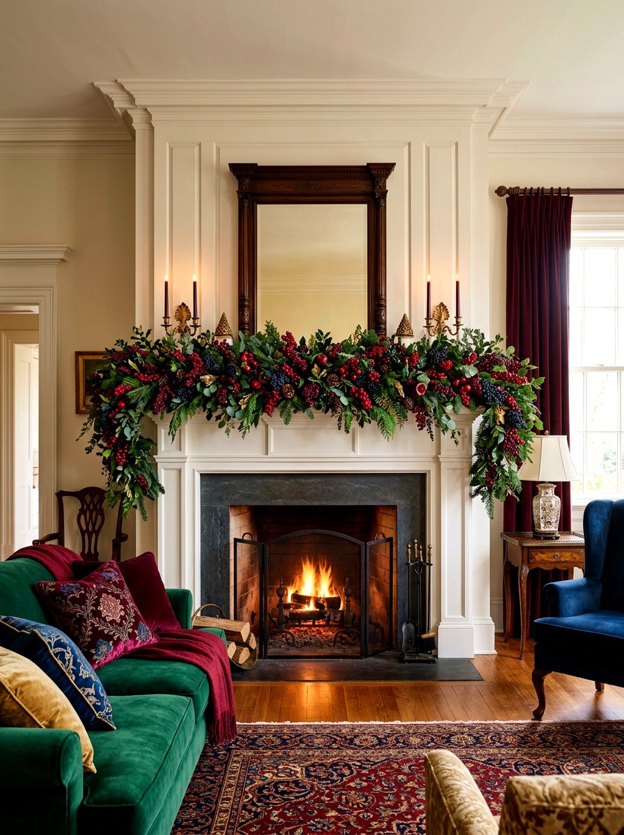 Mixed Berry Mantel - 30 holiday mantel garland ideas