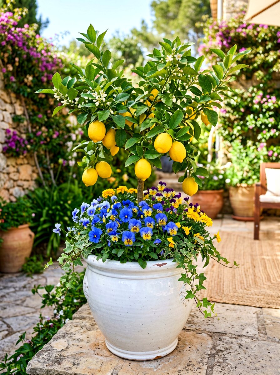 Mixed Citrus And Flower Pot - 30 potted citrus front entry ideas
