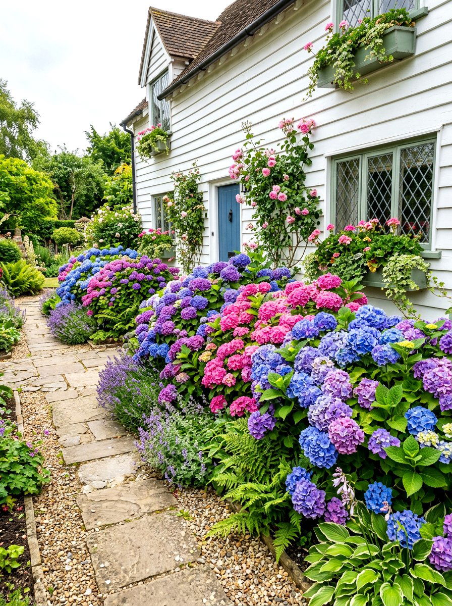 Mixed Color Macrophylla Border - 30 hydrangea border curb appeal ideas