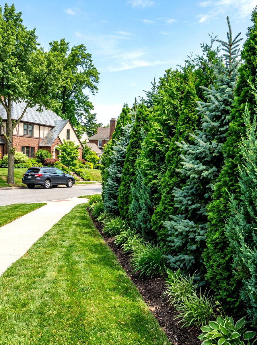 Mixed Evergreen Privacy Screen - 30 layered hedge front yard ideas