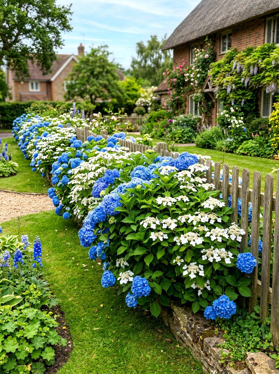 Mixed Hydrangea Hedge - 30 cottage front border ideas