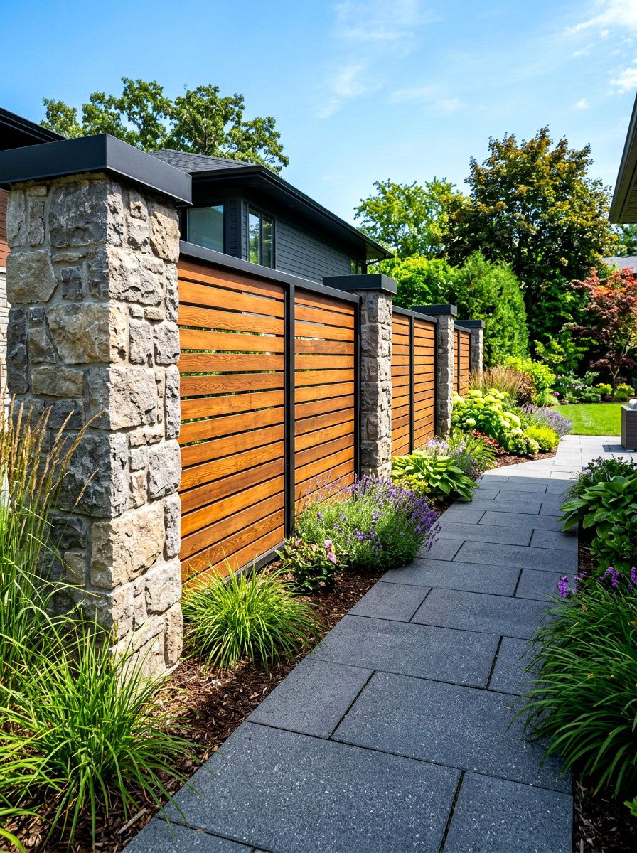 Mixed Material Privacy Wall - 30 side yard privacy fence landscaping ideas