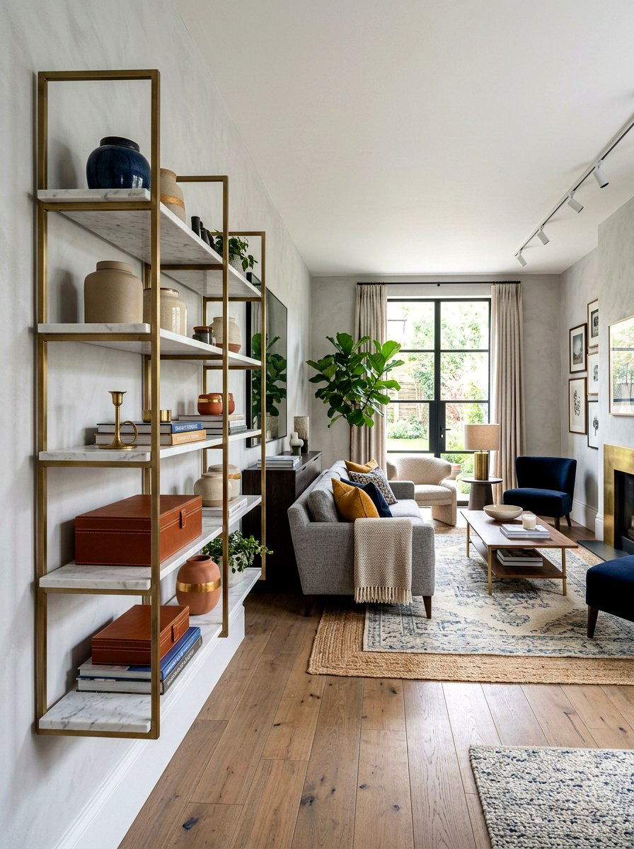 Mixed Material Shelves - 30 living room shelf decor ideas