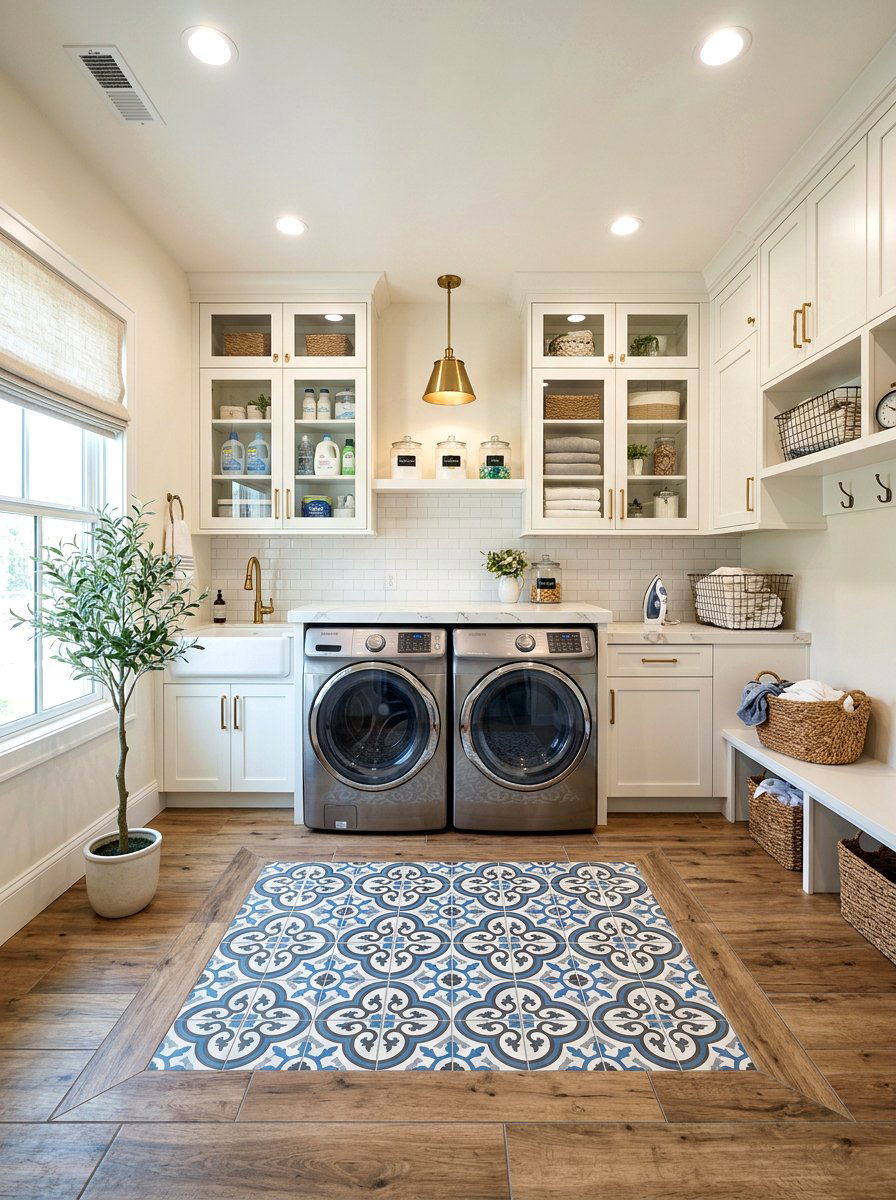Mixed Material Tile Inlay - 30 laundry room floor tile ideas
