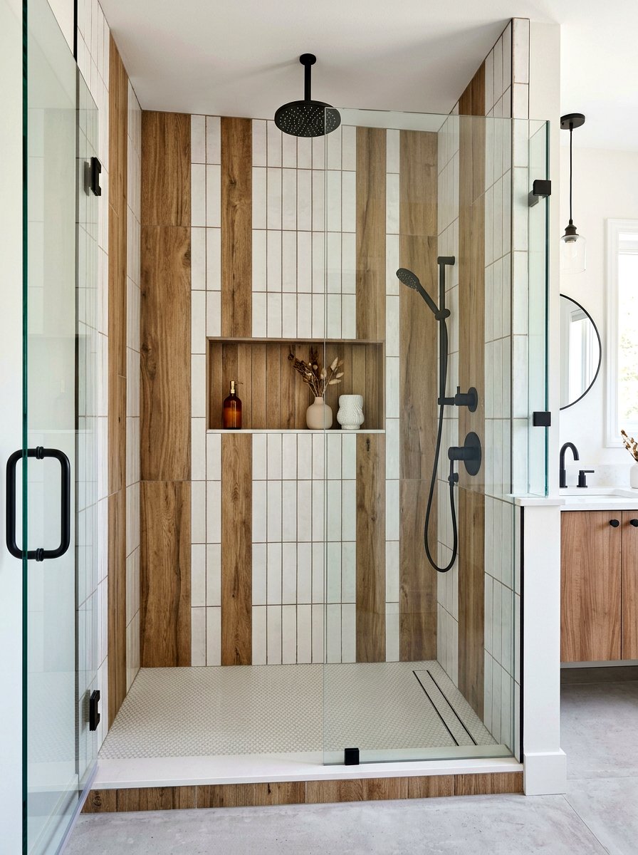 Mixed Material Vertical Tile - 30 vertical tile shower ideas