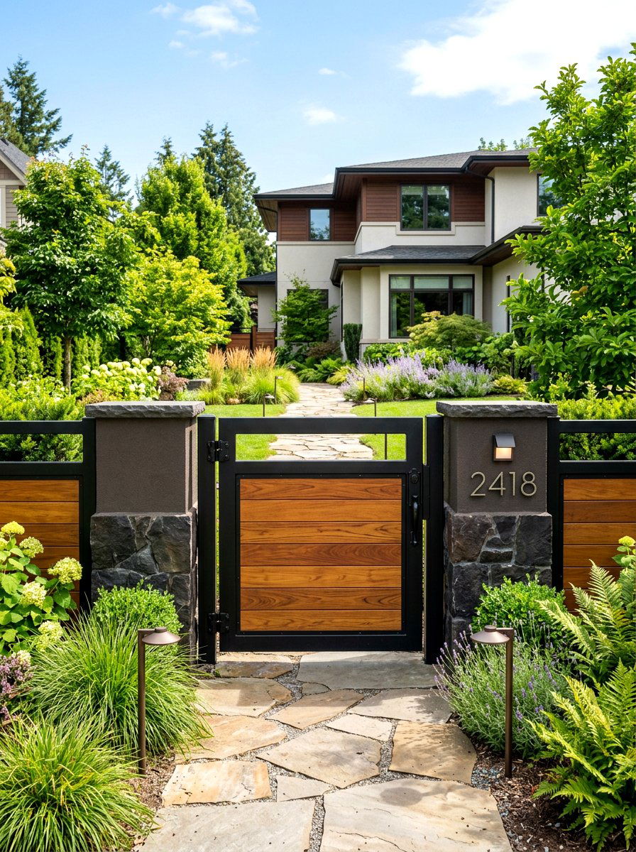 Mixed Material Wood Metal Gate - 30 front gate ideas