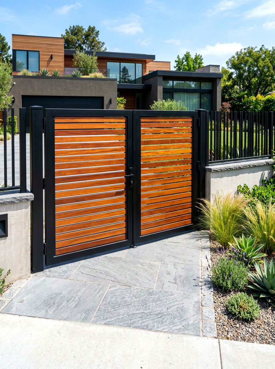 Mixed Material Wood Metal Gate - 30 driveway gate ideas