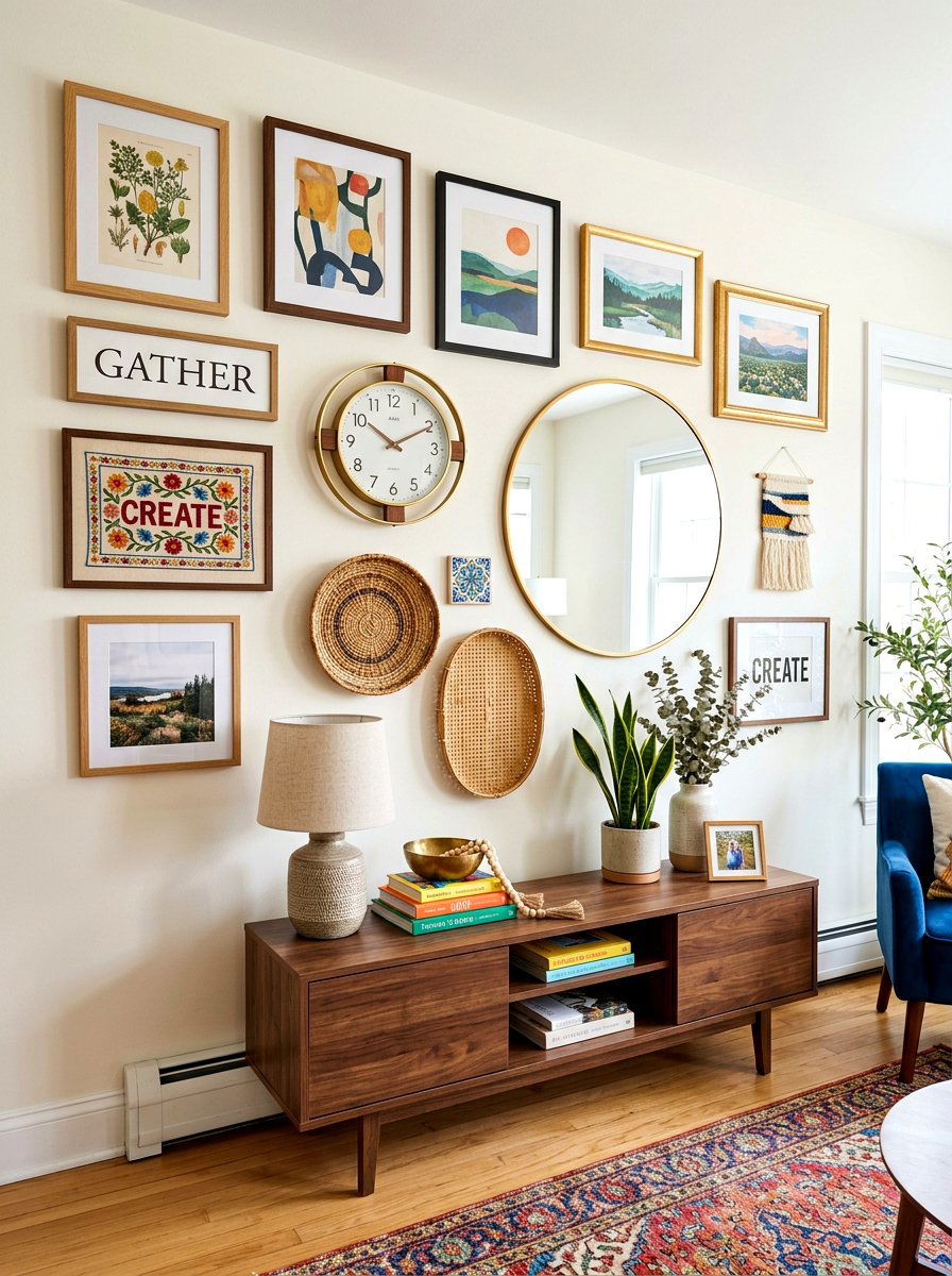 Mixed Media Art Wall - 30 bold colorful gallery wall ideas