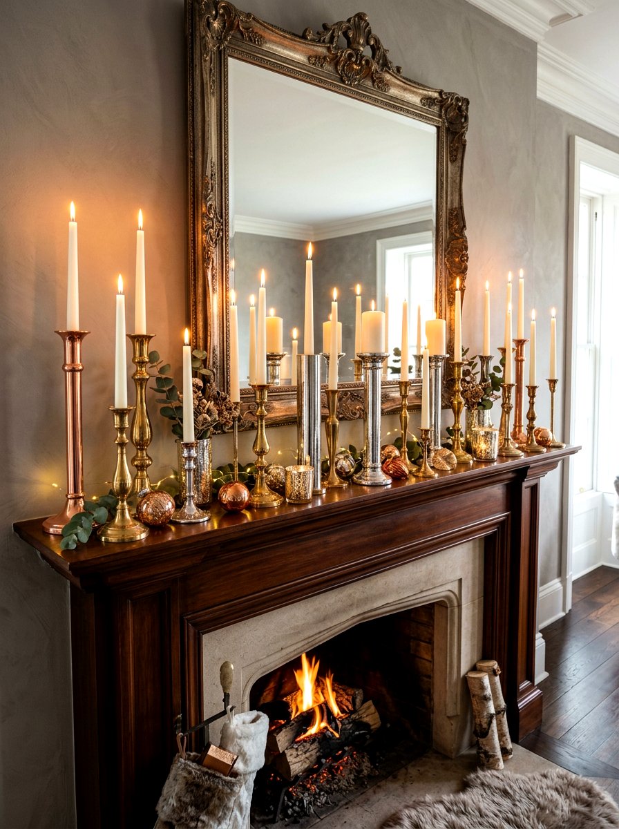 Mixed Metal Candle Holders - 30 fall mantel layering ideas