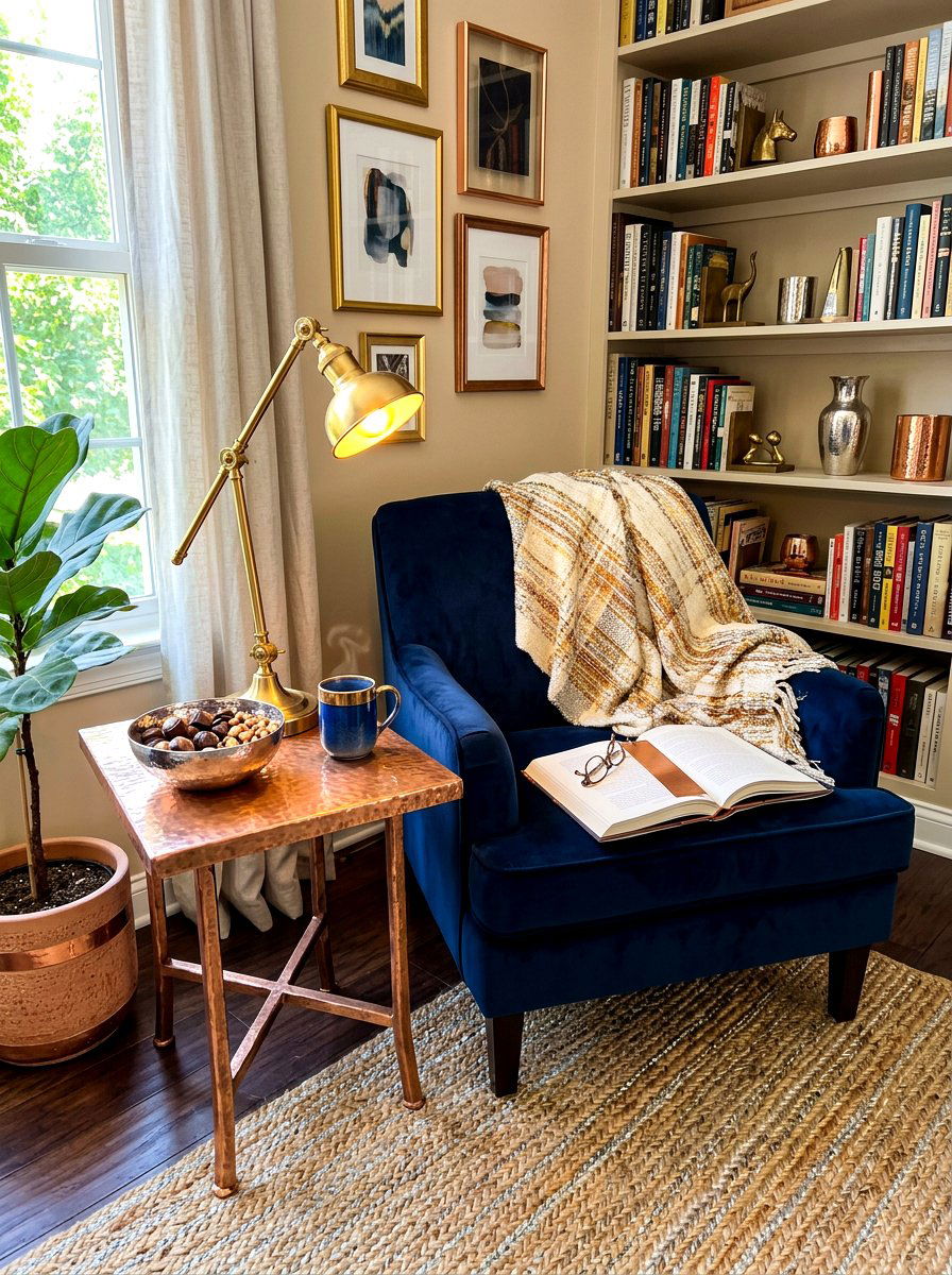 Mixed Metallic Reading Nook - 30 metallic holiday decor ideas