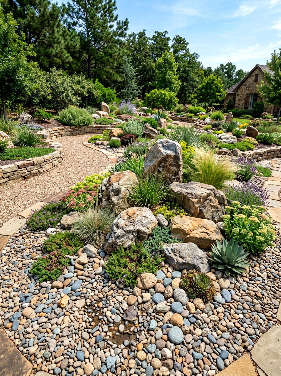 Mixed Rock Texture Garden - 30 rock mulch front yard ideas