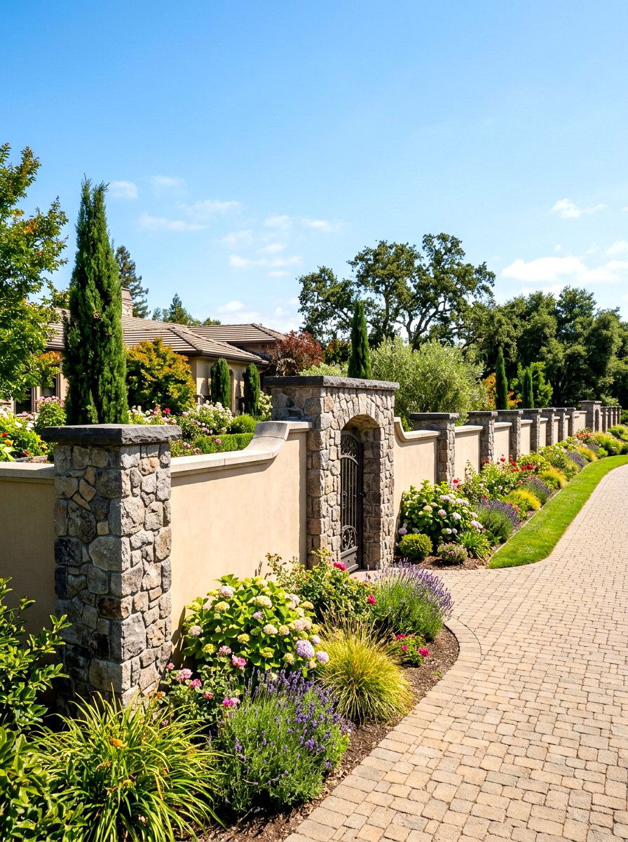 Mixed Stone Stucco Property Fence - 30 textured stucco backyard ideas