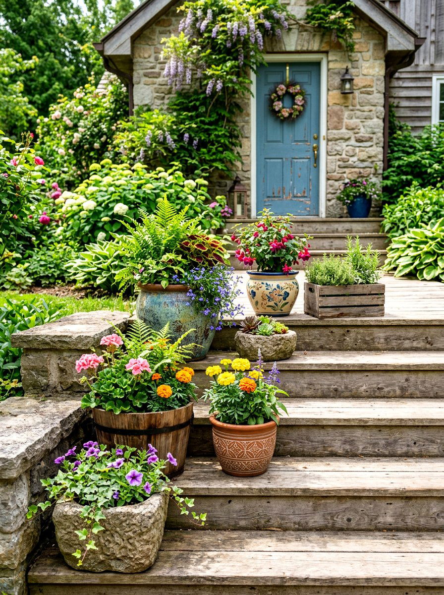 Mixed Texture Flower Pot - 30 porch steps flower pot ideas