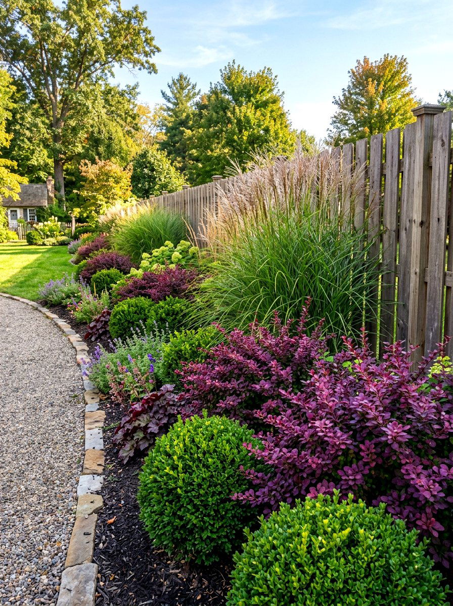 Mixed Texture Shrub Border - 30 fence line flower bed ideas