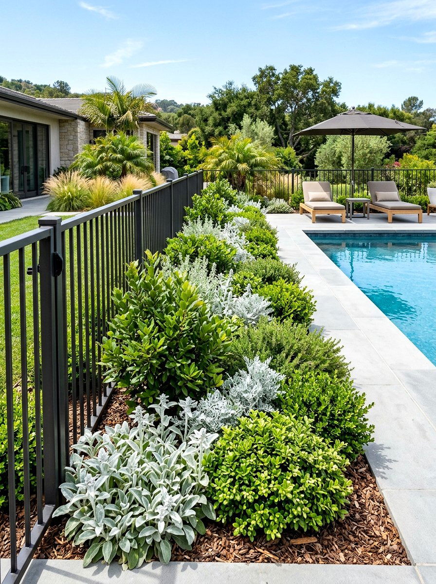 Mixed Texture Shrubbery - 30 pool fence landscaping ideas