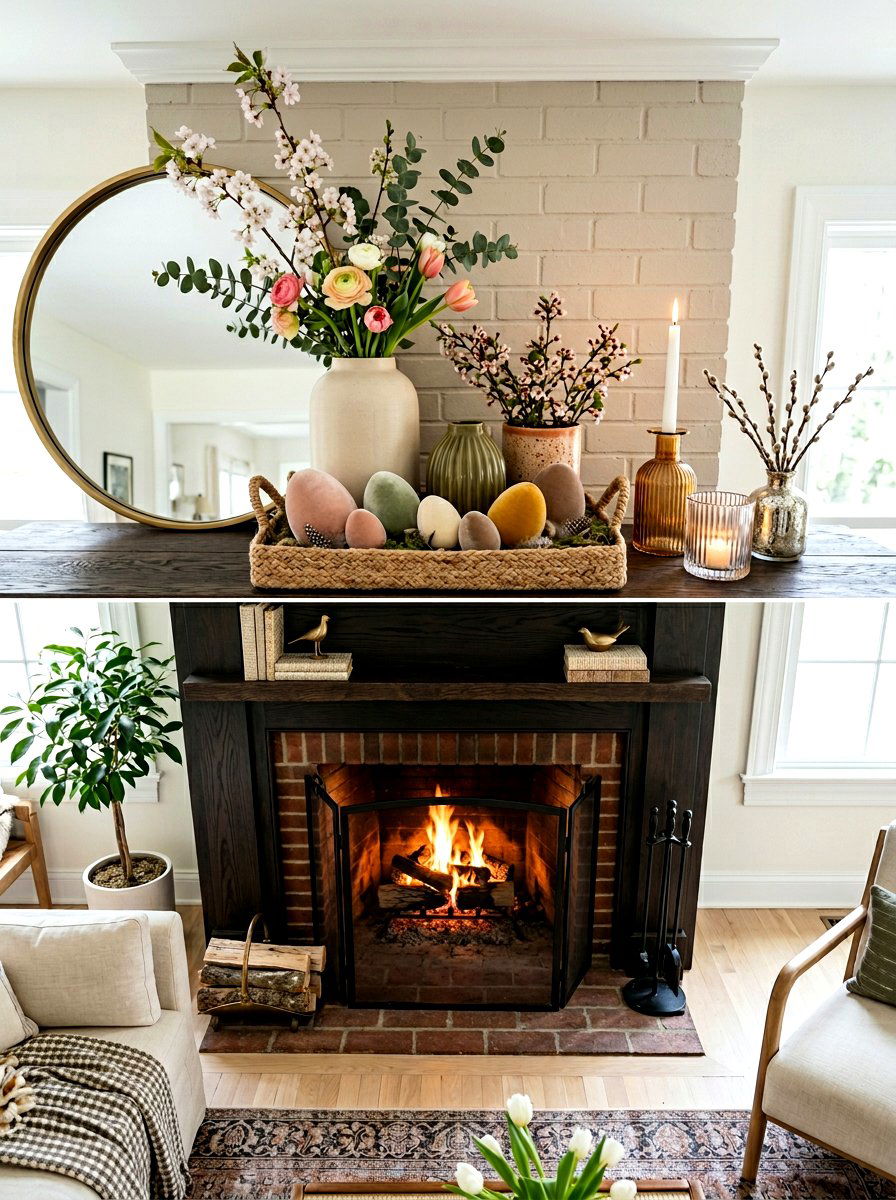 Mixed Texture Spring Mantel - 30 spring mantel styling ideas