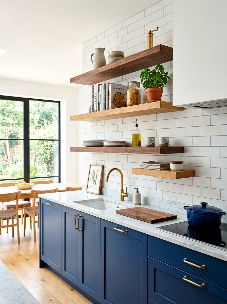 Mixed Wood Floating Shelves in Modern Kitchen - 30 mixed wood tone decor ideas