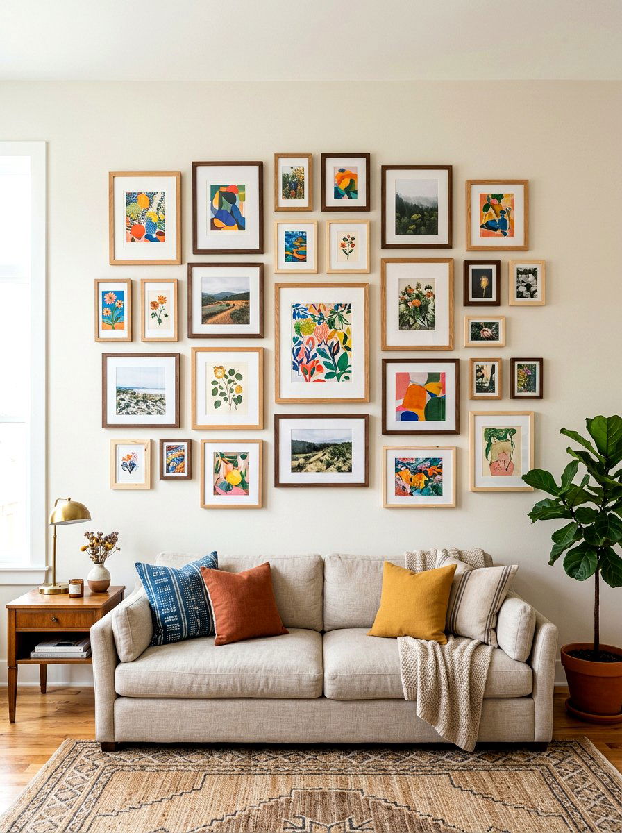 Mixed Wood Picture Frames Gallery Wall Living Space - 30 mixed wood tone decor ideas