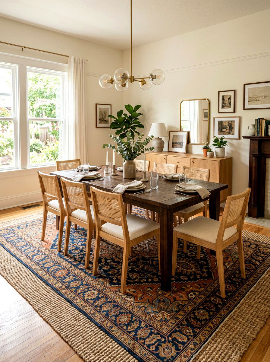 Mixed Wood Tones Layered Rugs - 30 eclectic dining room ideas