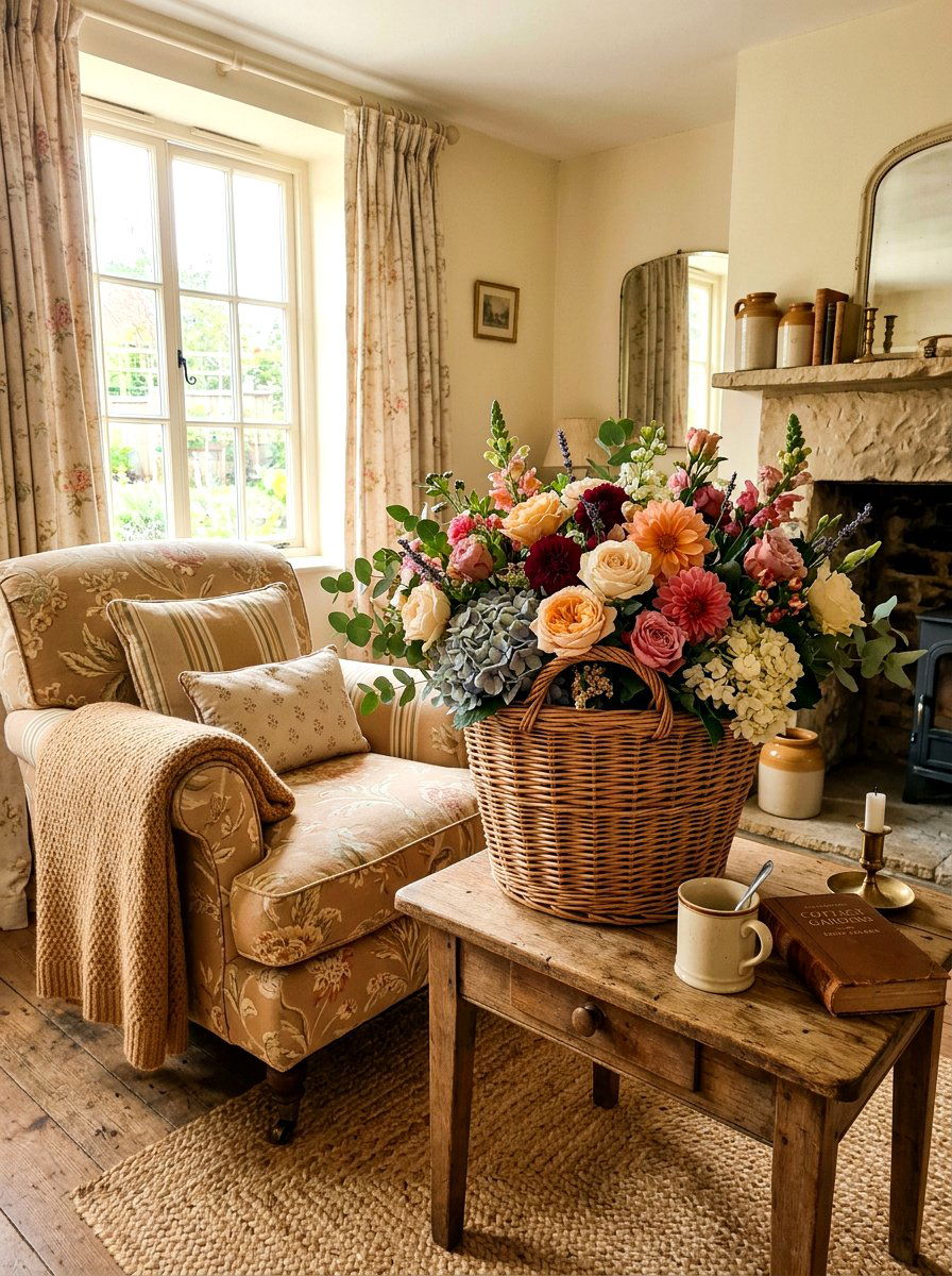 Mixed blooms in wicker basket - 30 market bouquet decor ideas